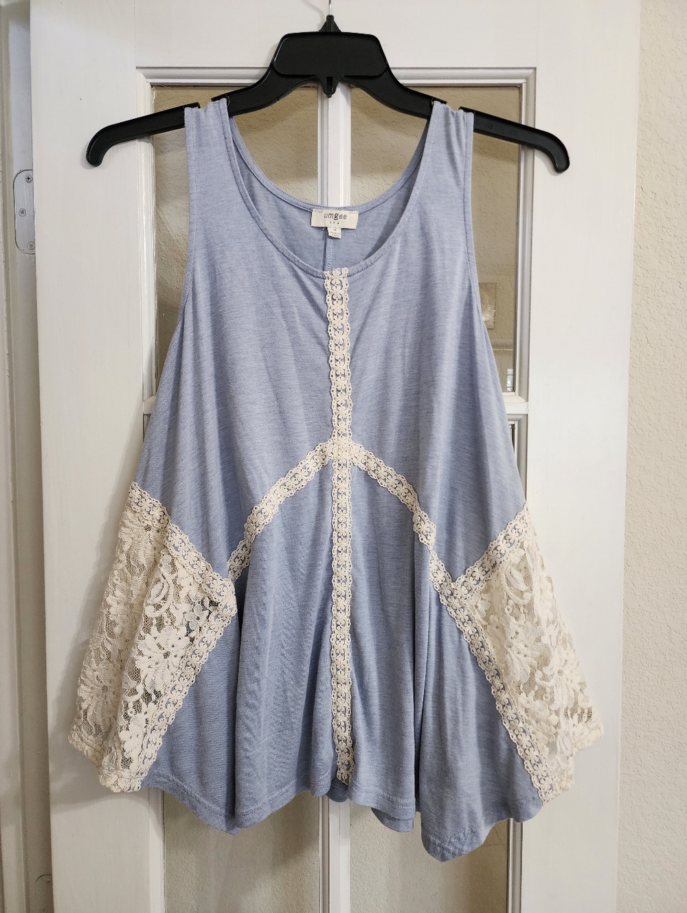 Umgee Blue Lace Side Panel Boho Swing Tank Top Medium
